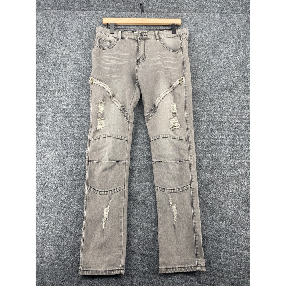 R Scoop Distressed Moto Jeans Mens 32x30 Grey Slim Biker Denim Streetwear NEW